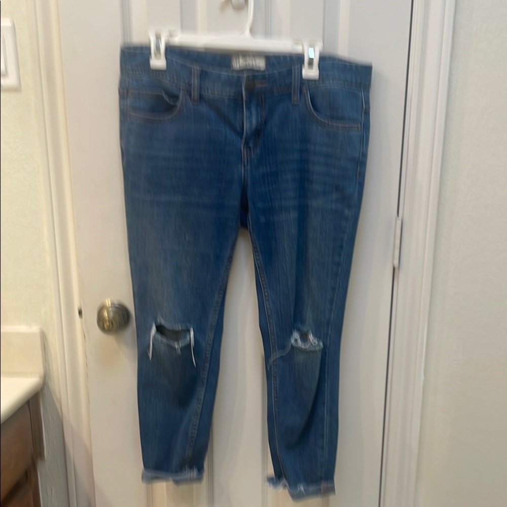 Free People Blue Ankle Cropped Jeans with Distressed Details